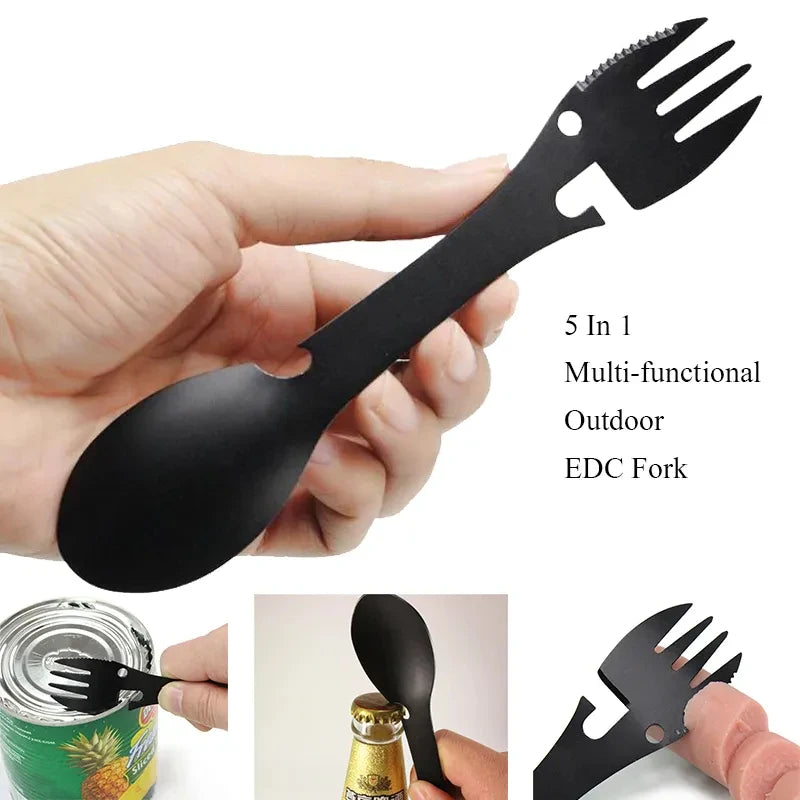 5-in-1 Outdoor Survival Tool – Fork, Knife, Spoon & Opener