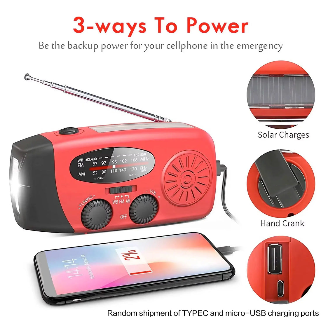STONEGO 2000mAh Emergency Radio – Solar & Hand Crank AM/FM