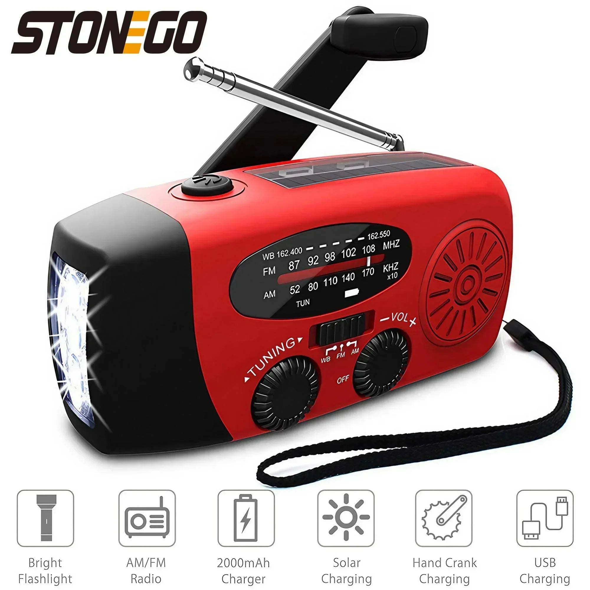 STONEGO 2000mAh Emergency Radio – Solar & Hand Crank AM/FM